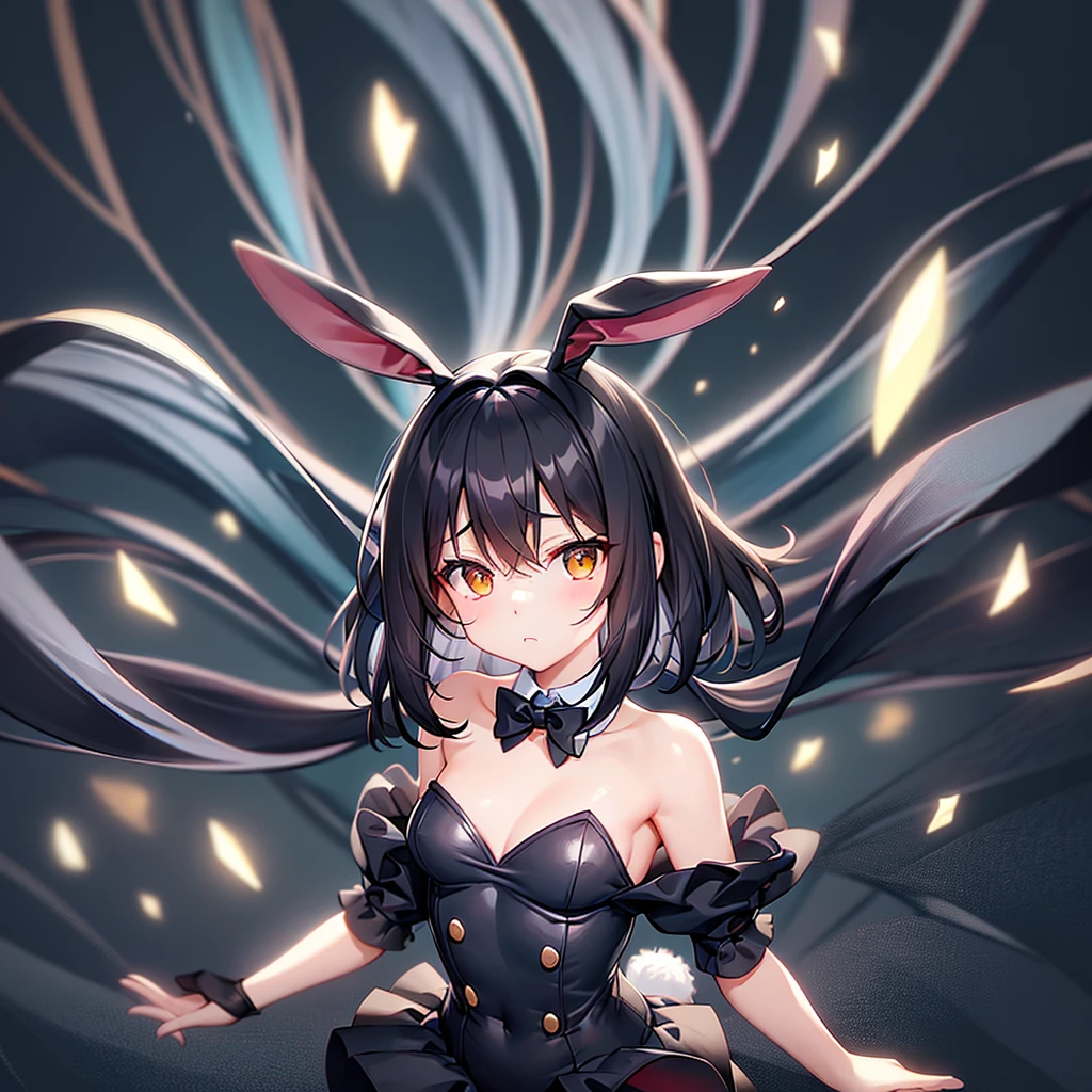 ((Bunny girl)),Cute little ,Tiny ,Small girl,,Childish face, Very fine clean face,Top quality,Straight Hair,Black hair,(Dark Room), Subtle light, Natural light,Soft lighting,Light from directly behind,(Open your hands), (Are standing),Front view,Black background