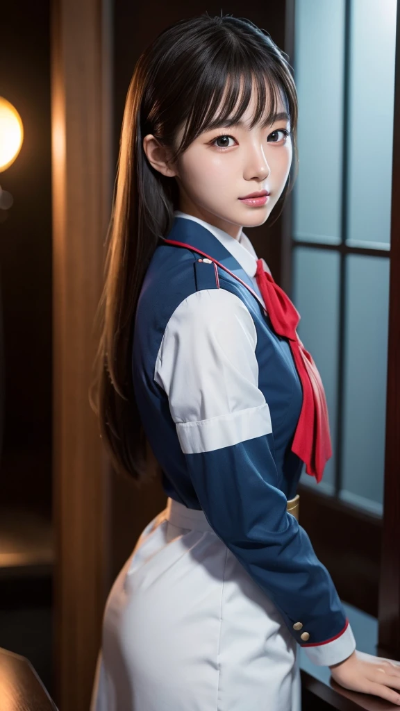 A beautiful young Japanese woman, around 20 years old, wearing a stewardess uniform, ultra-detailed, 8K resolution, highly realistic, cinematic lighting, best quality, masterpiece, photorealistic, physically-based rendering, extremely detailed, vivid colors, professional, sharp focus, studio lighting