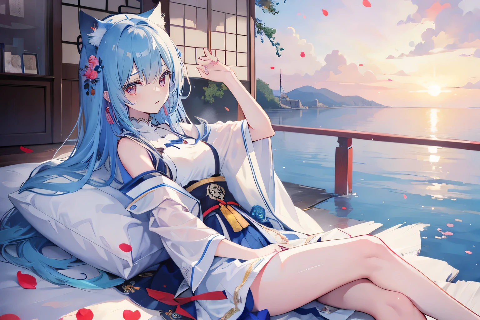 (masterpiece:1.2),Super detailed,lifelike,Expressive eyes,fair skin,perfect face shape,1 girl,
Japanese comics,Gorgeous blue hair,flowing blue hair,flowing clothes,Cat ears,Petals fall,beautiful lola,Baby Angel,
Shaking head with one hand,Cross your legs,,The pavilion is cool and comfortable,smile,back views,sunrise,Petals fall, winter,lie on the water,Nun's Clothes,stately church。
