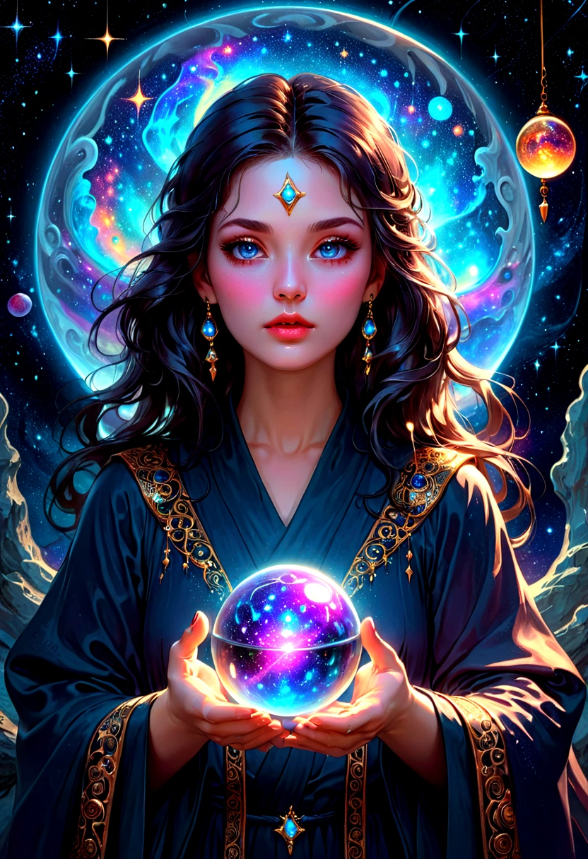 1girl, Astrologer, A beautiful astrologer woman, detailed intricate face, piercing eyes, full lips, long eyelashes, elegant mystical expression, flowing robe, holding crystal ball, starry cosmic background, dramatic lighting, digital art, highly detailed, 8K, masterpiece, best quality, very aesthetic, absurdres