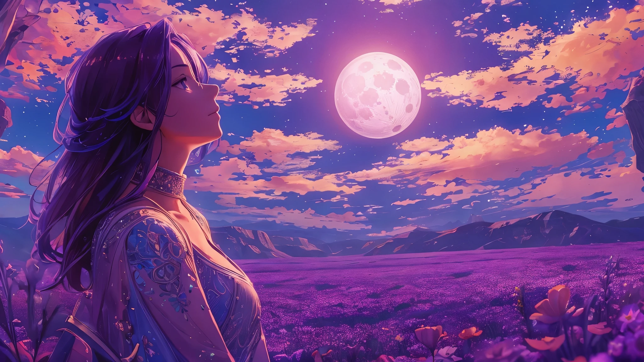 Vast landscape photography , Big Blue Moon：1.5，（A view of the sky and the world below from below）, A girl standing in a flower field looking up, （full moon:1.2）, （shooting star:0.9）, （nebula:1.3）, Distant Mountain, Tree Break Works, （Warm light source:1.2）, （fire Fly:1.2), lamp, Lots of purple and orange, Intricate details, Volumetric lighting, Realism BREAK (masterpiece:1.2), (Highest quality), 4K, Ultra fine, (Dynamic composition:1.4), Very detailed, Colorful details, ( iridescent:1.2), (Shining Lights, Atmospheric lighting), dreamy, Magical, (solo:1.2),Flowing：1.5，Noctilucent bugs