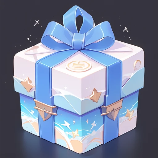 There is a small gift box，Summer theme，Waves，spray,Blue ribbon，3d icons for mobile games, Game assets, Stylized game icons, Game Icon Assets, Loot Boxes, video game item, Gift, mobile Game assets, Magic Items, Fantasy game spell icons, Object Art, magically glowing, isometric Game assets, Written byKanbun Master,