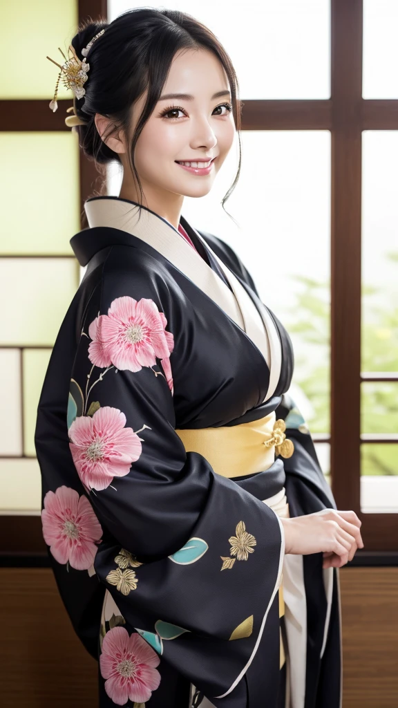 (Super beautiful woman in kimono)、((highest quality、8K masterpiece:1.3))、sharp focus:1.2、(super beautiful face:1.0)、(shiny skin:1.0)、realistic pictures、black hair、video lighting、High resolution eyes and face、video lighting、japanese actress、from the front、with a happy smile、whole body、wearing a kimono、in Kyoto、(luxury obi)、with a fan