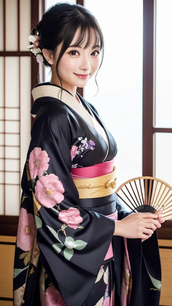 (Super beautiful woman in kimono)、((highest quality、8K masterpiece:1.3))、sharp focus:1.2、(super beautiful face:1.0)、(shiny skin:1.0)、realistic pictures、black hair、video lighting、High resolution eyes and face、video lighting、japanese actress、from the front、with a happy smile、whole body、wearing a kimono、in Kyoto、(luxury obi)、with a fan