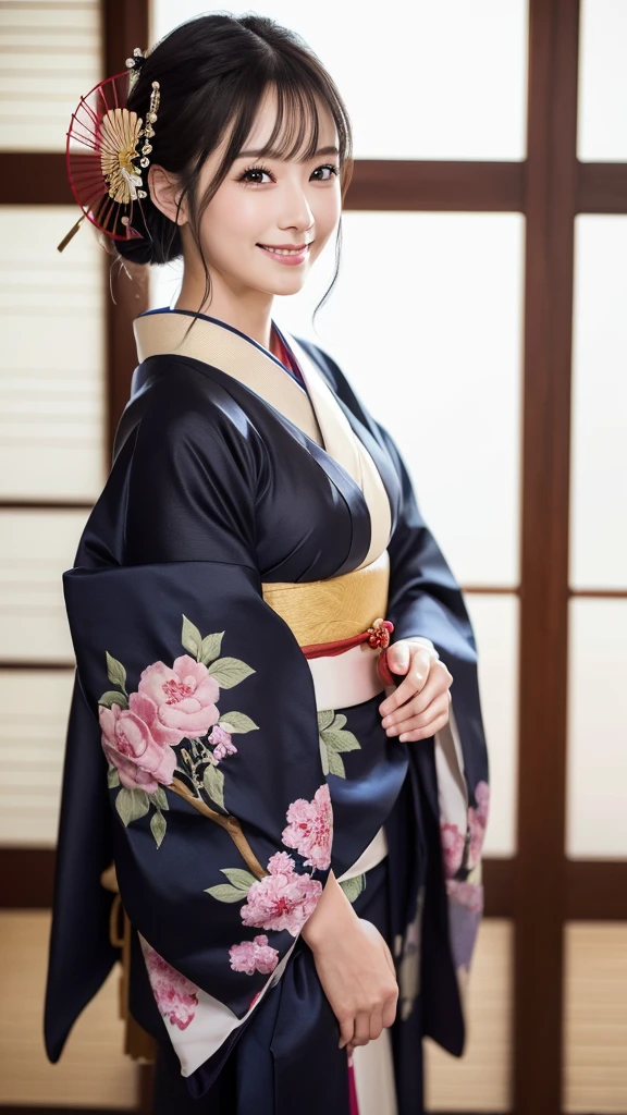 (Super beautiful woman in kimono)、((highest quality、8K masterpiece:1.3))、sharp focus:1.2、(super beautiful face:1.0)、(shiny skin:1.0)、realistic pictures、black hair、video lighting、High resolution eyes and face、video lighting、japanese actress、from the front、with a happy smile、whole body、wearing a kimono、in Kyoto、(luxury obi)、with a fan