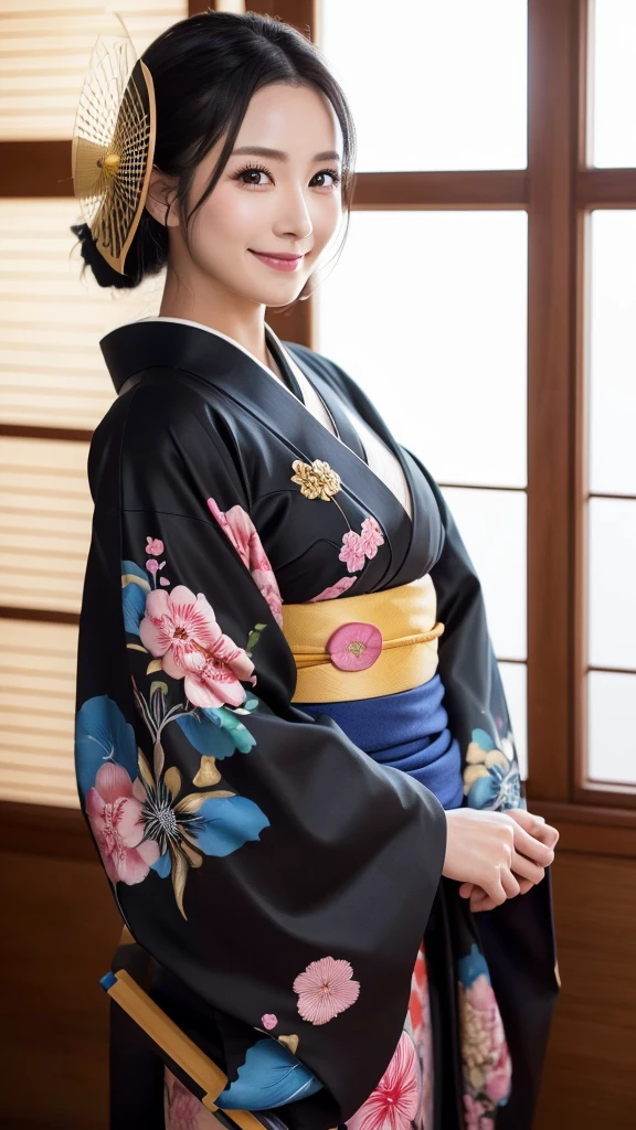 (Super beautiful woman in kimono)、((highest quality、8K masterpiece:1.3))、sharp focus:1.2、(super beautiful face:1.0)、(shiny skin:1.0)、realistic pictures、black hair、video lighting、High resolution eyes and face、video lighting、japanese actress、from the front、with a happy smile、whole body、wearing a kimono、in Kyoto、(luxury obi)、with a fan