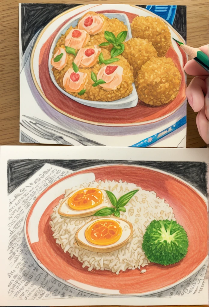Cat eating rice ball 、art,advertisement,Colored pencil drawing,draft ,Comic Collage