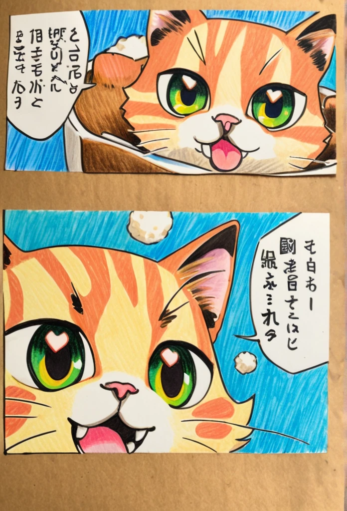 Cat eating rice ball 、art,advertisement,Colored pencil drawing,draft ,Comic Collage