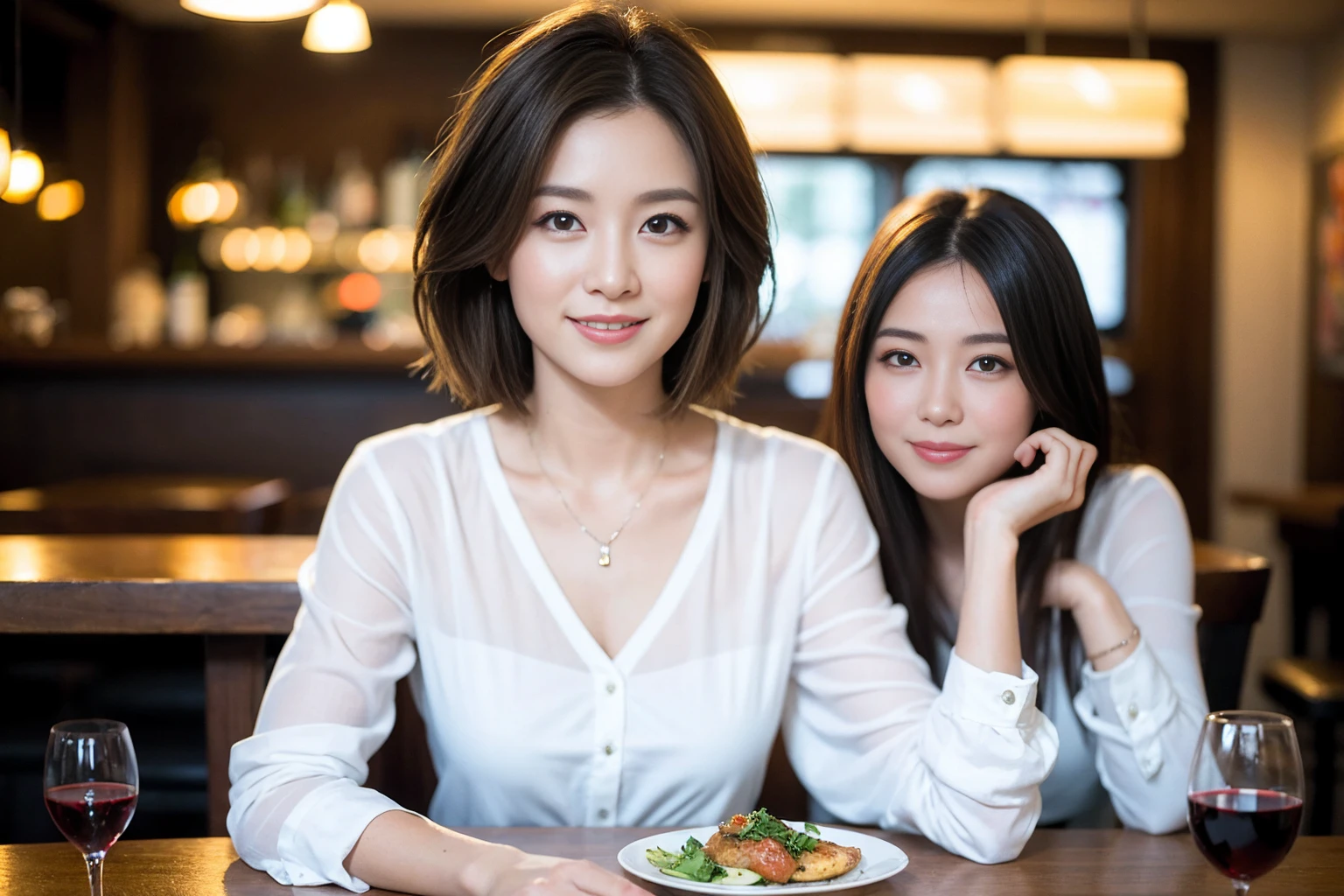 ((Highest quality、8K、masterpiece:1.3))、slimカップル、modelカップル、(Realistic, Intricate details:1.2), full-course dinner、Wine Party、Amazing view of the sunset sky and clouds、A bright smile、The wonderfulness of smile、Bright image、The beauty of wine, Beautiful Face, blue eyes, The light shines on your face, Blushing, short hair,Bright Face、 (Age 37), 39 years old, red wine 、Appetizers、Italian food、Wine bottle、Champagne、sparkling wine、Two beauties、Brown Hair、Shortcuts、Long sleeve shirt、dress、Beautiful woman 1, (slimな顔), (The body is slim), (Brown Hair), (Shortcuts), cheeks turn a little red,Attractive beauty、restaurant, In a prominent place (From the waist up) Nova Frog Style, actress, model, Upper Body, White wine, slim, wine glass, 中央に置かれたwine glass, smile, (smile: 1.15), Beautiful fine grain, Depth f/2,saturation, High Contrast, Strong light and shadow,Moist Body:1.5、3D texture、Delicate eyes、Brown Hair、The hair is very shiny、
