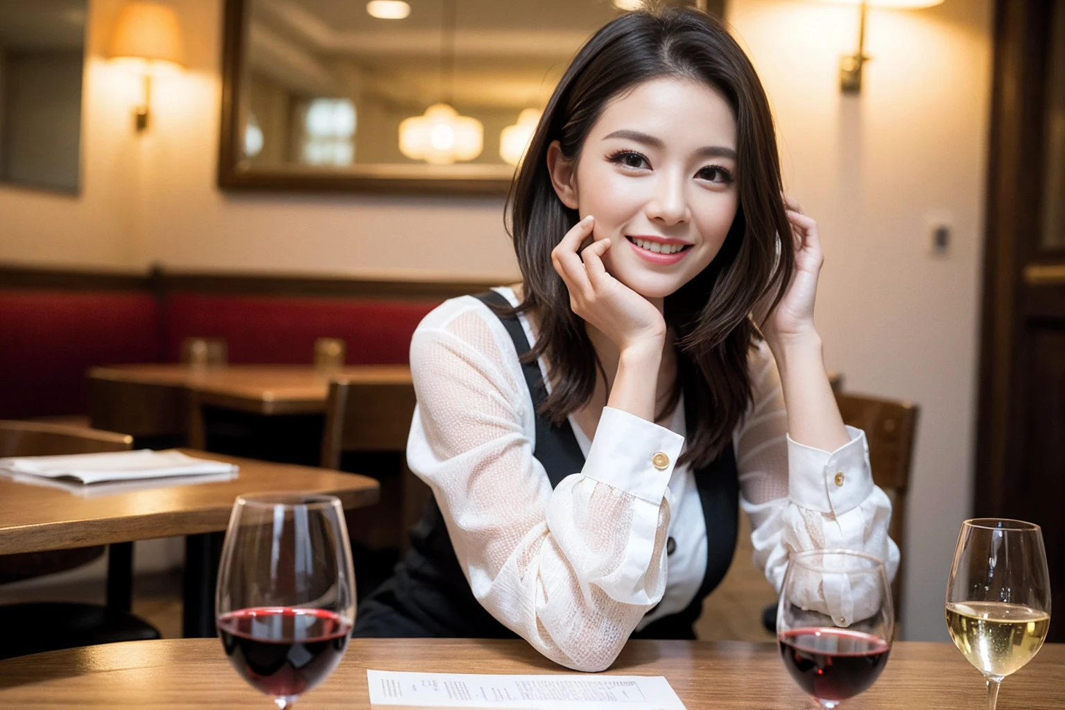 ((Highest quality、8K、masterpiece:1.3))、slimカップル、modelカップル、(Realistic, Intricate details:1.2), full-course dinner、Wine Party、Amazing view of the sunset sky and clouds、A bright smile、The wonderfulness of smile、Bright image、The beauty of wine, Beautiful Face, blue eyes, The light shines on your face, Blushing, short hair,Bright Face、 (Age 37), 39 years old, red wine 、Appetizers、Italian food、Wine bottle、Champagne、sparkling wine、Two beauties、Brown Hair、Shortcuts、Long sleeve shirt、dress、Beautiful woman 1, (slimな顔), (The body is slim), (Brown Hair), (Shortcuts), cheeks turn a little red,Attractive beauty、restaurant, In a prominent place (From the waist up) Nova Frog Style, actress, model, Upper Body, White wine, slim, wine glass, 中央に置かれたwine glass, smile, (smile: 1.15), Beautiful fine grain, Depth f/2,saturation, High Contrast, Strong light and shadow,Moist Body:1.5、3D texture、Delicate eyes、Brown Hair、The hair is very shiny、