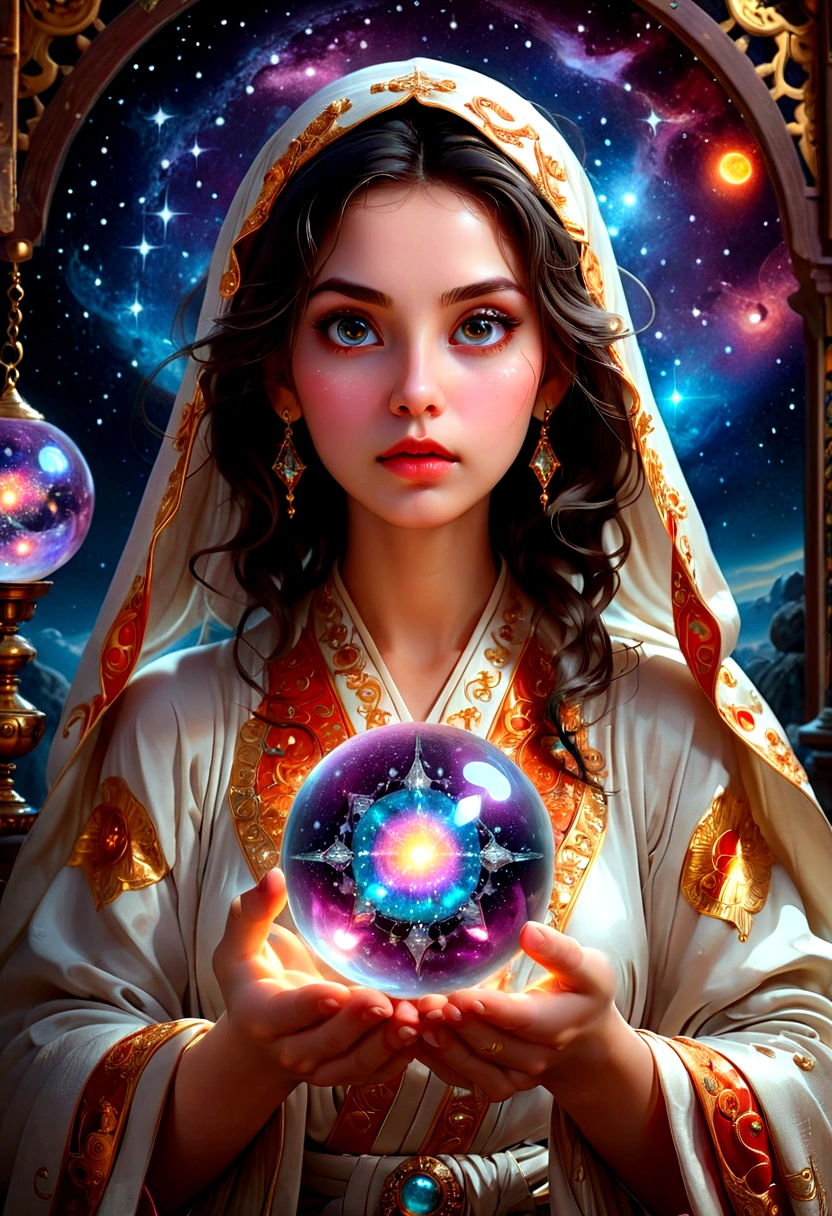 1girl, Astrologer, A beautiful astrologer woman, detailed intricate face, piercing eyes, full lips, long eyelashes, elegant mystical expression, flowing robe, holding crystal ball, starry cosmic background, dramatic lighting, digital art, highly detailed, 8K, masterpiece, best quality, very aesthetic, absurdres