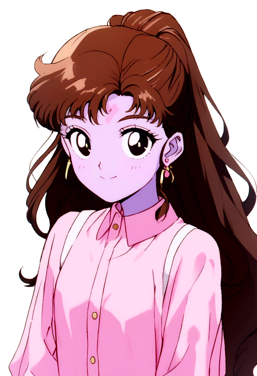 Youma body,. pink skin, black eyes, two diamond markings on forehead, brown hair, 1980's hairstyle, looking at viewer smiling, DD Girl.