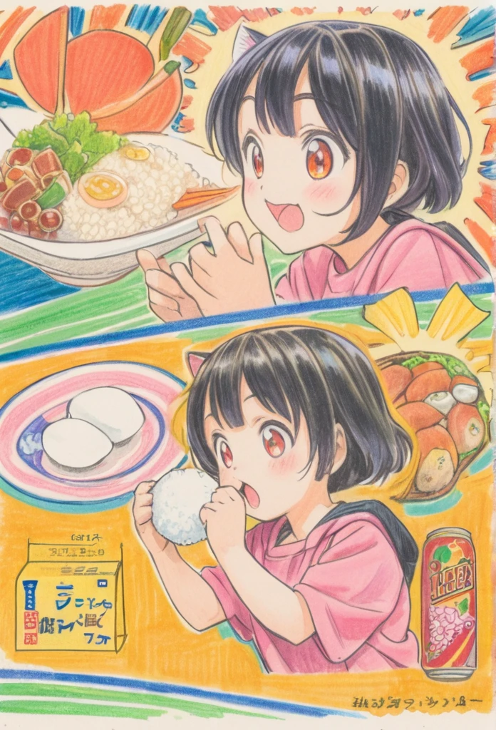 Cat holding rice ball 、art，advertisement，Colored pencil drawing，draft ，Comic Collage