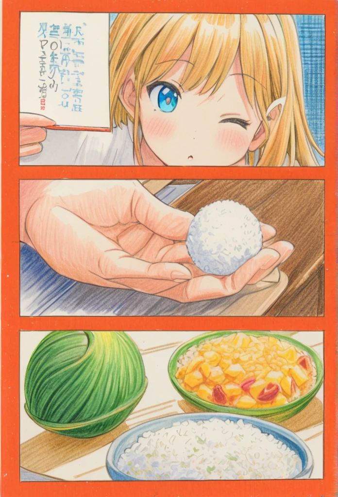 Cat holding rice ball 、art，advertisement，Colored pencil drawing，draft ，Comic Collage