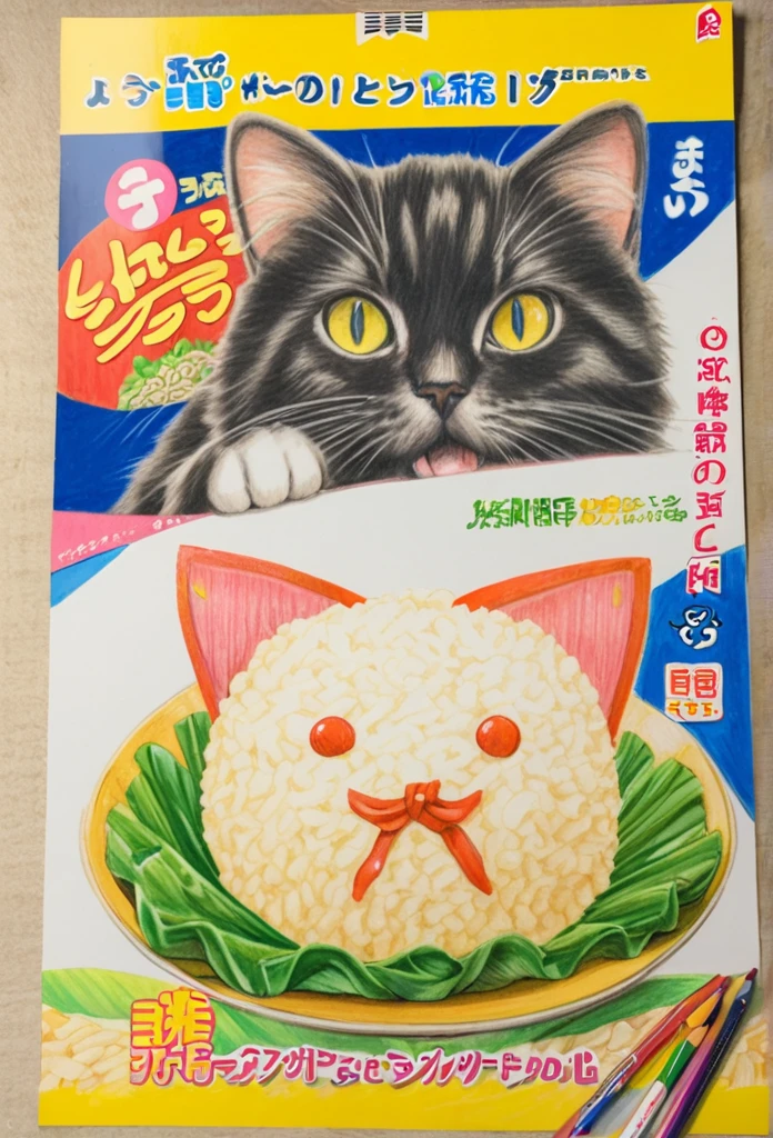 Cat holding rice ball 、art,advertisement,Colored pencil drawing,draft ,Comic Collage