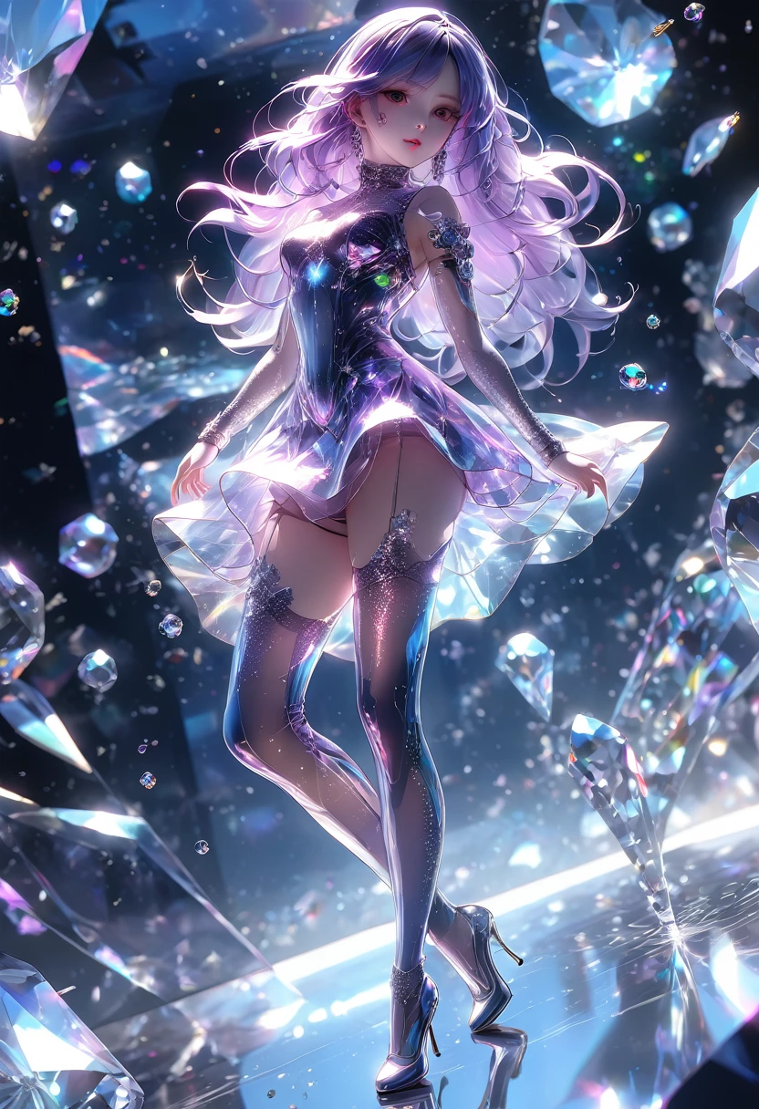 crystal covered, （Full body ：1.3）, alternate color, masterpiece, detailed illustration, realistic, pixiv top quality, exquisite, {{{kawaii 1girl}}}, ultra beauties who fuse with machines, glitter beautiful female, Half of my body is made of machines, transparent glass body, The machines inside the body are transparent, cinematic lighting, dynamic angle, dynamic pose, crystal world, depth of field，Shiny socks，Crystal stockings，Crystal high heels
