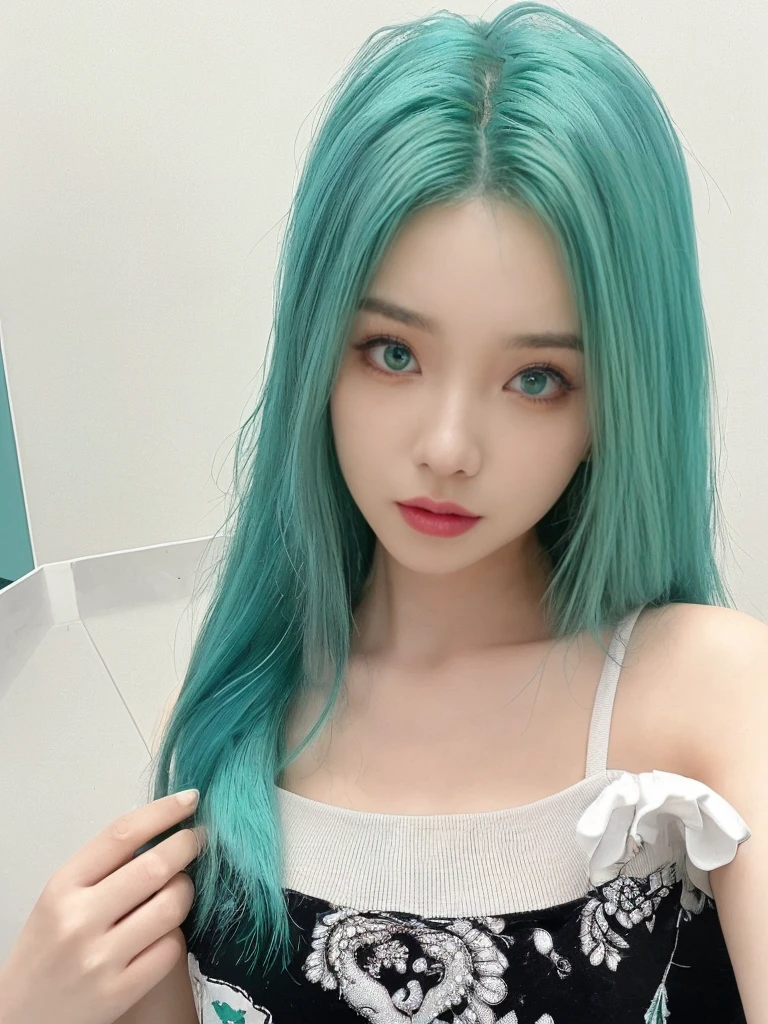 8K high quality,1 woman,Turquoise green hair:1.5