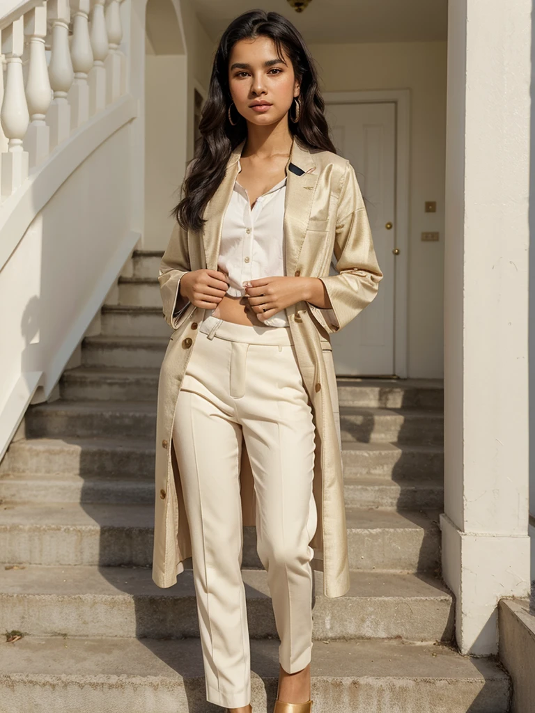 A photoreal portrait of a slim and smart 15-year-old girl from, with white color skin and blushing black hair. She stands gracefully beside a staircase, wearing a fashionable suit from Junaid Jamshad collection in a bright and charming color. The model should have an elegant pose, with emphasis on her fancy earrings and stylish slippers. The image should capture her enthusiasm and approachable expression, in high detail, with soft, golden-hour sunlight illuminating her. she must be weraring goodclothes