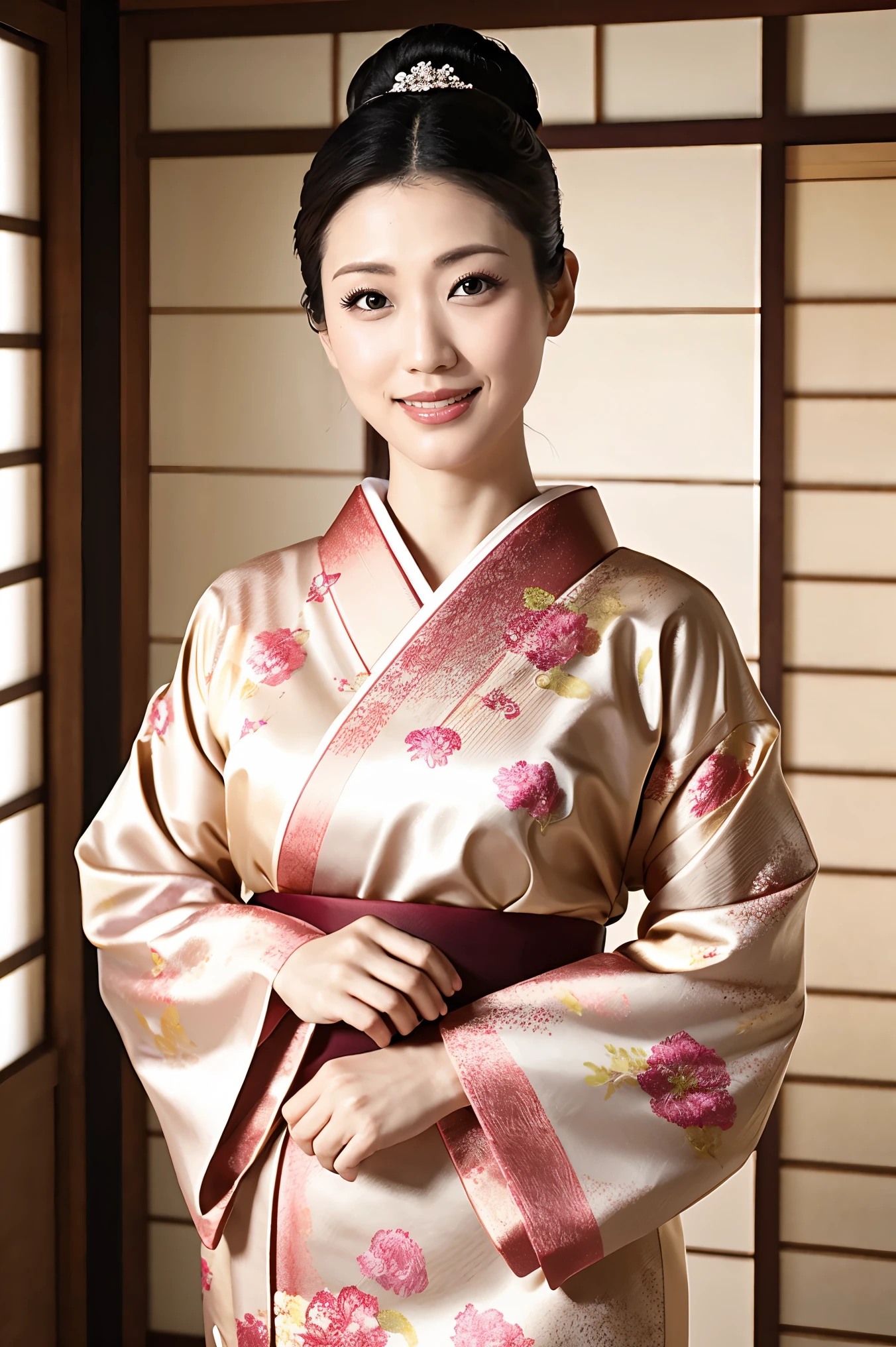 (Highest quality、Tabletop、8K、Best image quality、Award-winning works)、(1 Beautiful Mature Woman:1.1)、(Innkeeper:1.1)、(Elegant floral kimono:1.2)、(A kimono with a perfect and accurate collar:1.2)、Perfect Mature Woman Portrait Photo、Glowing Skin、Standing Elegantly、(Blurred elegant and elaborate perfect Japanese style room background:1.3)、(The most natural and perfect tidy Japanese-style room background:1.2)、(Elegant and luxurious Japanese style room background:1.1)、Glowing White Skin、Very white skin、(Accentuate your body lines:1.1)、(The most elegant posture:1.2)、(Large Breasts:1.2)、(Chignon:1.2)、(Accurate anatomy:1.2)、(A smile looking at me:1.2)、(Stand elegantly facing forward:1.2)、(Front view:1.1)