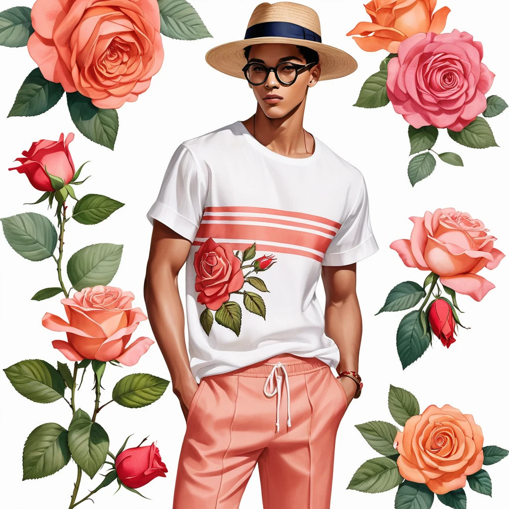 candid fashion illustration of young Mixed race 2man, both aged 18-23 year old, ((showcase fashion look book in linen outfits)), the design inspired by Boscobel Rose by David Austin Rose, in elegant chic style. The man wears an oversized short-sleeved shirt with a minimal rose embroidery details, paired with relaxed-fit white Short with Drawstring, He completes his look with white sneakers and round glasses. The boyfriend complements him in a skinny fitted speedo in a stripe pattern, semi bulge, He resemble includes an accessorizes with a brimmed straw hat and white sneakers, Captured in a low angle, ((full-body image)), ((roses motifs background)), fashion sketching, realistic drawing, ((imperfect water color drawing background)), fashion look book, fashion illustrator, fashion sketch design, gay, gay couple, Boscobel Rose, Coral-pink, rich coral-pink color. The flowers start as red buds and gradually open to a lovely salmon color, which can vary from deep pink to a more orange or apricot hue,