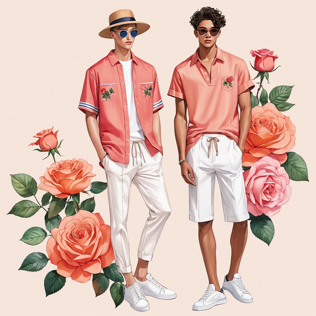 candid fashion illustration of young Mixed race 2man, both aged 18-23 year old, ((showcase fashion look book in linen outfits)), the design inspired by Boscobel Rose by David Austin Rose, in elegant chic style. The man wears an oversized short-sleeved shirt with a minimal rose embroidery details, paired with relaxed-fit white Short with Drawstring, He completes his look with white sneakers and round glasses. The boyfriend complements him in a  skinny fitted speedo in a stripe pattern, semi bulge, He resemble includes an accessorizes with a brimmed straw hat and white sneakers, Captured in a low angle, ((full-body image)), ((roses motifs background)), fashion sketching, realistic drawing, ((imperfect water color drawing background)), fashion look book, fashion illustrator, fashion sketch design, gay, gay couple, Boscobel Rose, Coral-pink, rich coral-pink color. The flowers start as red buds and gradually open to a lovely salmon color, which can vary from deep pink to a more orange or apricot hue,