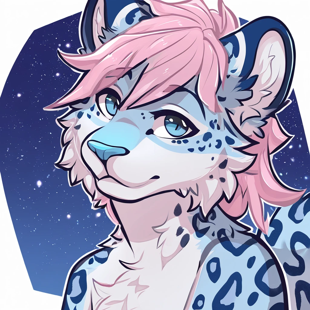 adult, feline, mammal, anthro, anthropomorphic, snow_leopard, striped, fur, striped_feline, fur, furred_anthro, femboy, male, light_pink, fluffy, long_tail, blue_nose, expressive eyes, feline_ears, pink_hair, blue_fur, light_blue_chest, shy, small_pupils, spotted_pattern, stripes, digital_art, high_resolution, high_res, hand-drawn, pencil_lines, head_visible, background, neck_visible, seductive_face, blue_galaxy_background, white_outline, detailed_line_work, profile_picture, head_visible