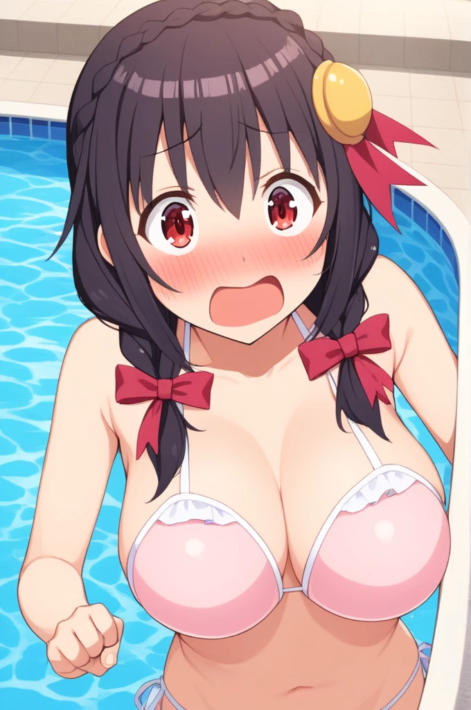 alone, One girl、Crown braids in the same color as your hair, hair ornaments, Hair Ribbon, (White and pink bikini),Red Eyes、Black Hair、(Surprised face:1.2)、(blush:1.4)、C cup breasts、Pool