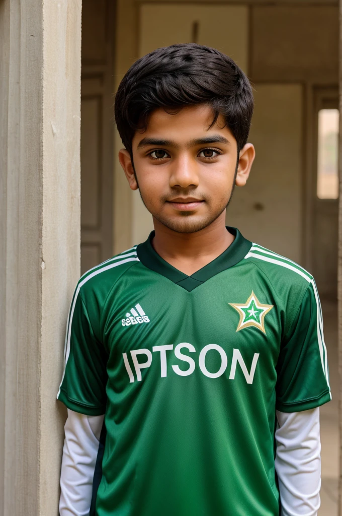 A boy wearing jersy of Pakistan with name Ishfaq