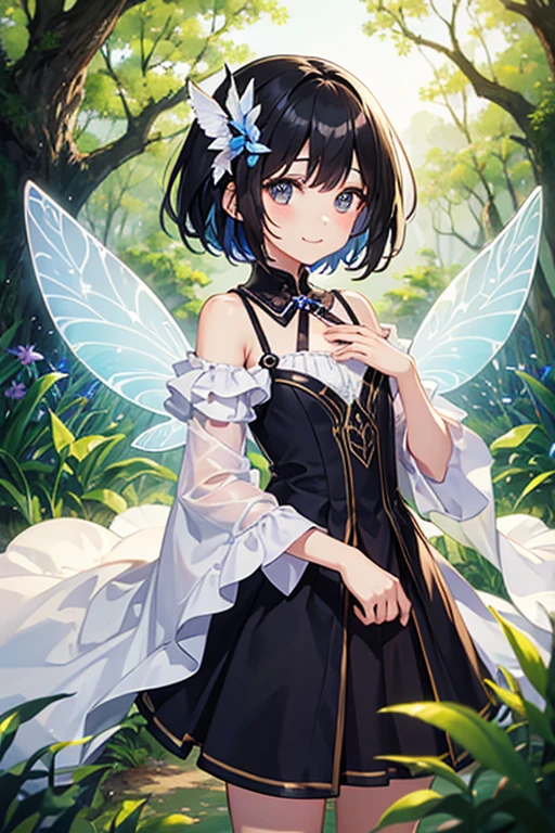 Highest quality、Black Hair、Iris、short hair、girl、cute、16 years old、、Small hair ornament、1 person、The background is the forest、Fairy Cosplay、It has two wings on its back、Gentle smile、fly in the sky