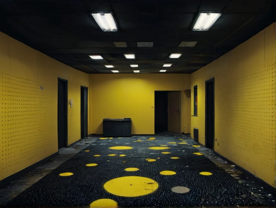 realistic, dark, (art by Mathias Goeritz:1.5), real, atmospheric scene, analog film photo, grim, palette, found footage, LiminalSpace of Empty room with bright walls and polka-dot carpets, yellow walls and wallpaper with pale bluecarpet on floor and flat square fluorescent lamps on the ceiling, 2000s, y2k, vintage, arcade, game