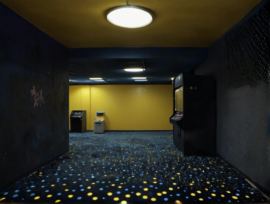 realistic, dark, (art by Mathias Goeritz:1.5), real, atmospheric scene, analog film photo, grim, palette, found footage, LiminalSpace of Empty room with bright walls and polka-dot carpets, yellow walls and wallpaper with pale bluecarpet on floor and flat square fluorescent lamps on the ceiling, 2000s, y2k, vintage, arcade, game