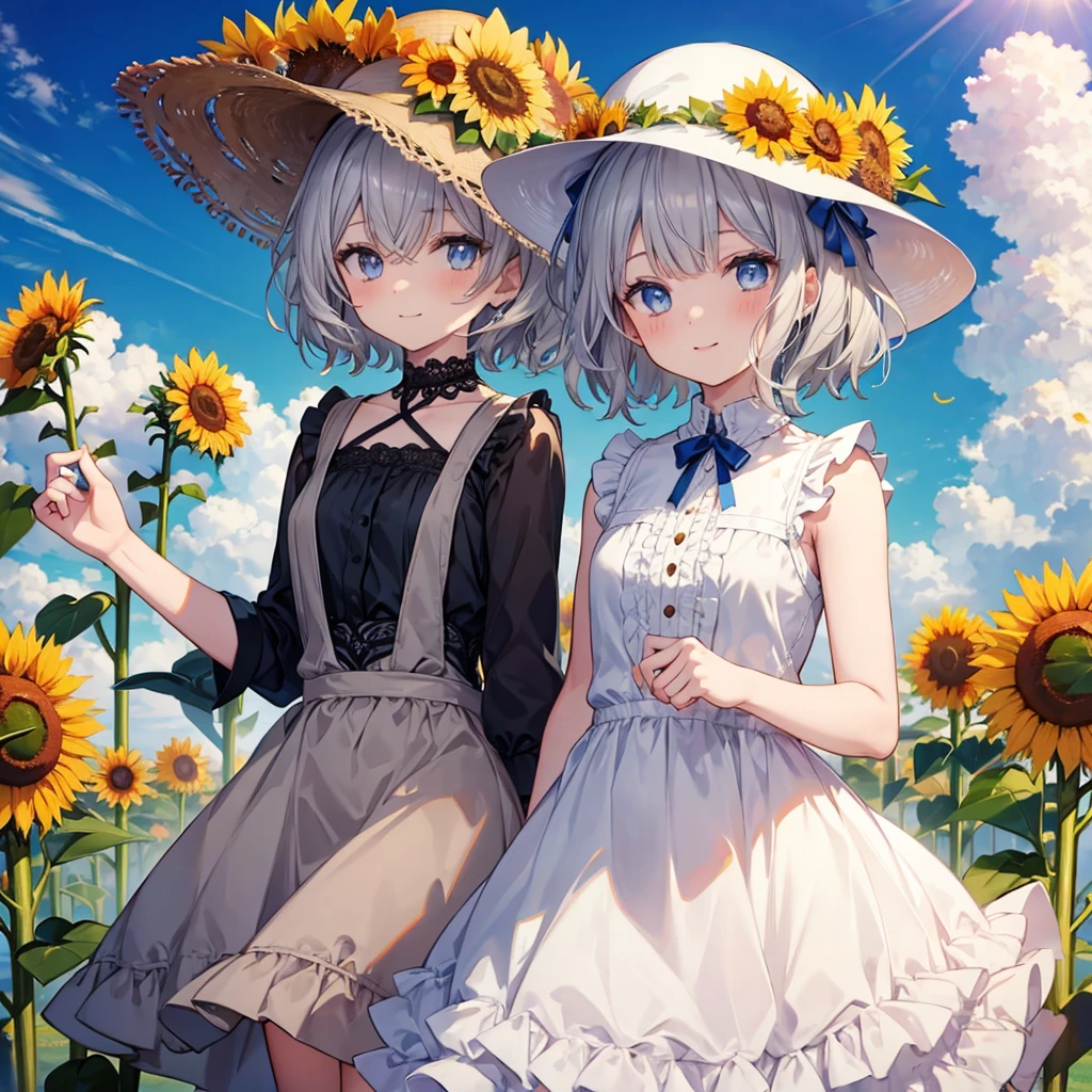 ((((Frilly clothes　Sunflower field))))　(((Gray Hair　short hair　blue eyes　woman)))，((sunlight　sun　cloud))，(Wearing a hat　Beige clothes　smile)，　Showing teeth　Shining Background　Shining Edges