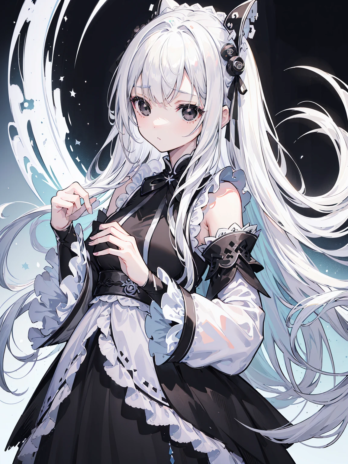 (Top image quality)、(Very detailed)、(Facing forward)、Top quality、masterpiece、(((1 名girl )))、girl、Silver Hair、White hair、((Long hair))、Weaving、(black eyes:1.6)、(White and black cheongsam)、Hooded dress、Lots of decorations、Lots of ribbons、White Ribbon、She looked grim.、Fluffy loose hair