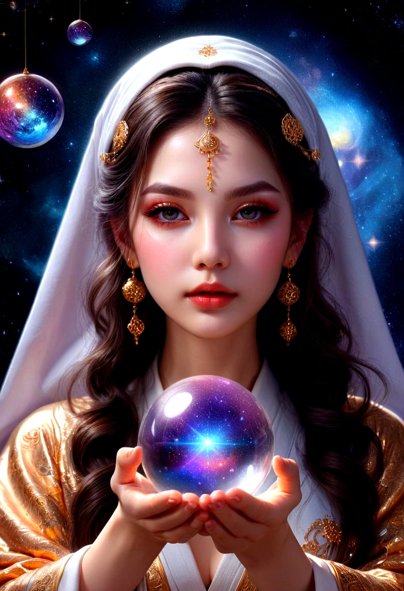 1girl, Astrologer, A beautiful astrologer woman, detailed intricate face, piercing eyes, full lips, long eyelashes, elegant mystical expression, flowing robe, holding crystal ball, starry cosmic background, dramatic lighting, digital art, highly detailed, 8K, masterpiece, best quality, very aesthetic, absurdres