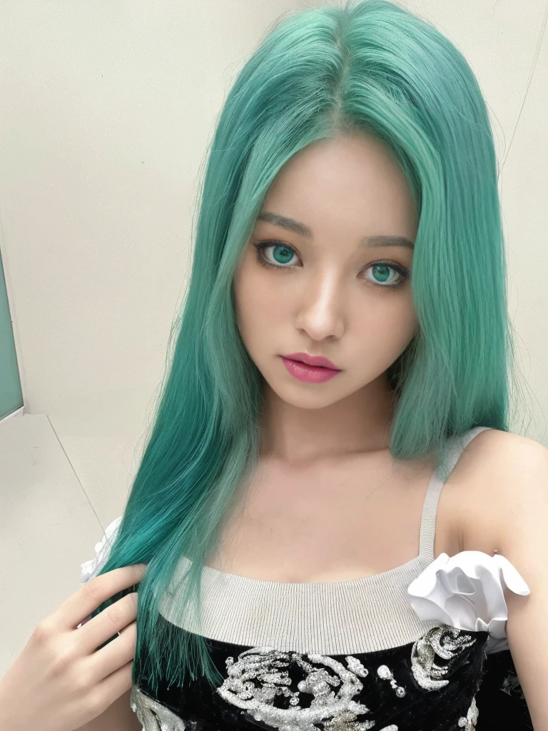 8K high quality，1 woman，Turquoise green hair：1.5