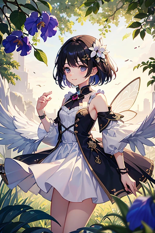 Highest quality、Black Hair、Iris、short hair、girl、cute、16 years old、、Small hair ornament、1 person、The background is the forest、Fairy Cosplay、It has two wings on its back、Gentle smile、Flying in the sky with wings