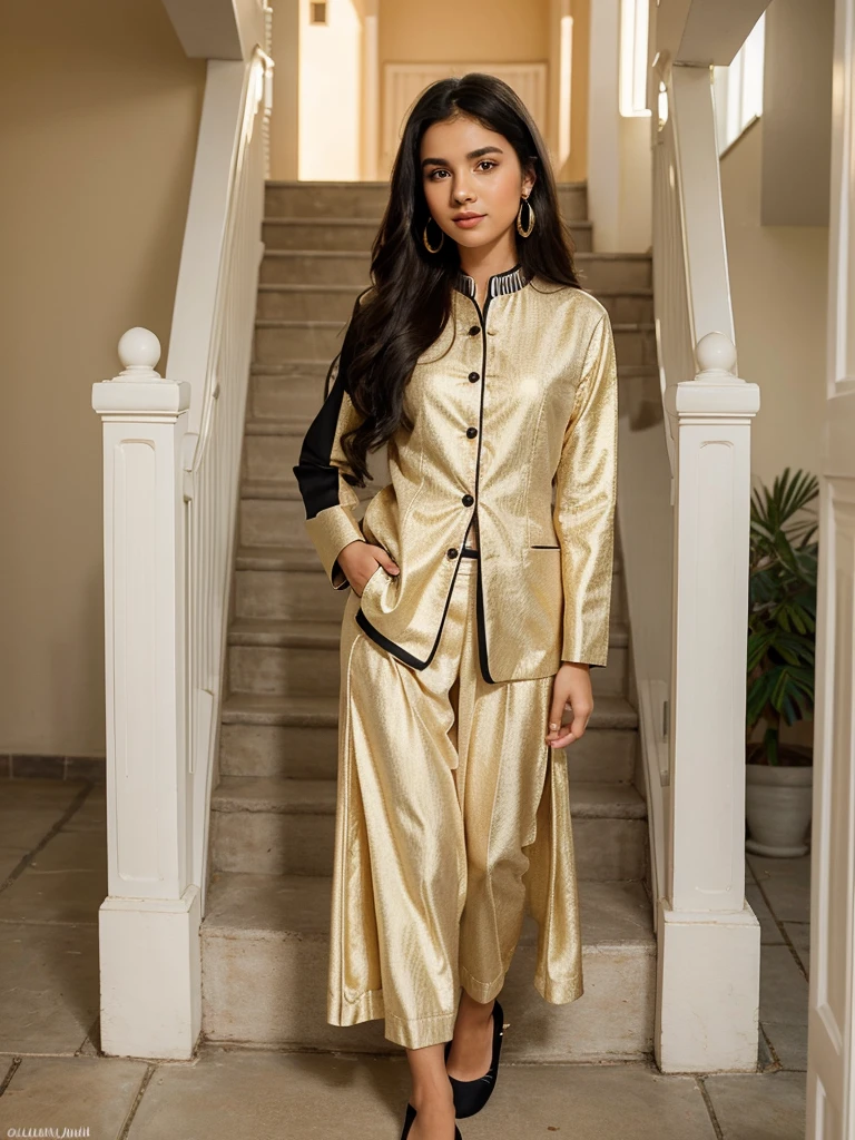 A photoreal portrait of a slim and smart from, with white color skin and blushing black hair. She stands gracefully beside a staircase, wearing a fashionable suit from Junaid Jamshad collection in a bright and charming color. The model should have an elegant pose, with emphasis on her fancy earrings and stylish slippers. The image should capture her enthusiasm and approachable expression, in high detail, with soft, golden-hour sunlight illuminating her.
