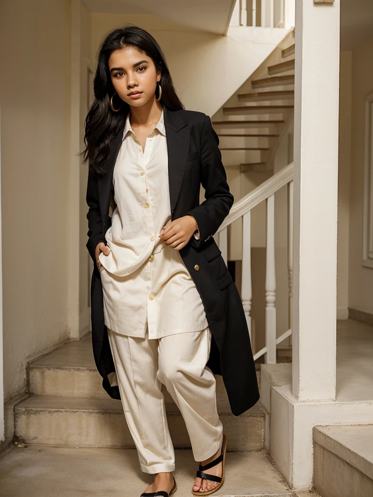 A photoreal portrait of a slim and smart 15-year-old girl from, with white color skin and blushing black hair. She stands gracefully beside a staircase, wearing a fashionable suit from Junaid Jamshad collection in a bright and charming color. The model should have an elegant pose, with emphasis on her fancy earrings and stylish slippers. The image should capture her enthusiasm and approachable expression, in high detail, with soft, golden-hour sunlight illuminating her.