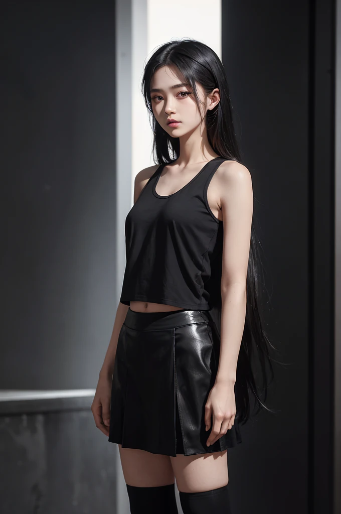 20 year old girl, black tank top, black skirt, long hair, high contrast (Natural skin texture, Hyperrealism, Soft Light, sharp), portrait, standing, kpop