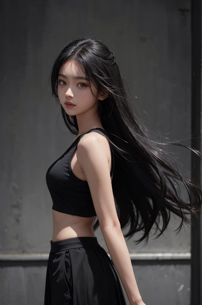 20 year old girl, black tank top, black skirt, long hair, high contrast (Natural skin texture, Hyperrealism, Soft Light, sharp), portrait, standing, kpop