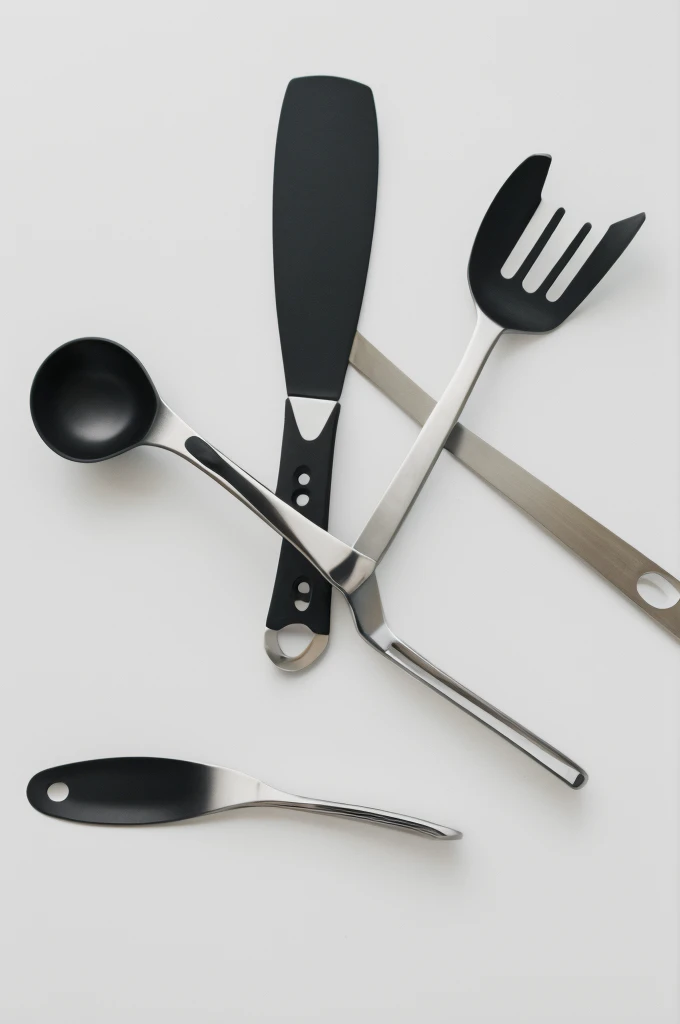 create an advertising image, for sale on markktplace, 10 cooking items, frying spatula, Spatula, Corolla, Forceps, flat baking spoon, spatula with holes for draining oil, spaghetti spoon and slotted spoon, black silicone, on a white background