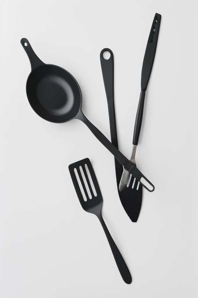 create an advertising image, for sale on markktplace, 10 cooking items, frying spatula, Spatula, Corolla, Forceps, flat baking spoon, spatula with holes for draining oil, spaghetti spoon and slotted spoon, black silicone, on a white background