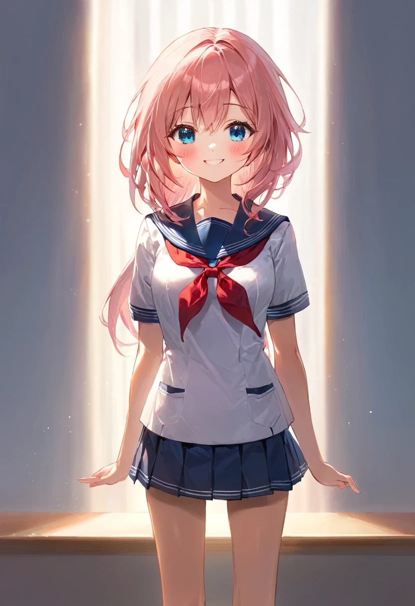 (masterpiece, top quality, very aesthetic, 4k、), intricate detail, 1girl,stand、(cowboy shot)、front view,light smile、
Cute 、pink hair、straight hair,middle hair,sidelock ,,blue eyes、serafuku、sailor uniform、small breasts,Slim 、