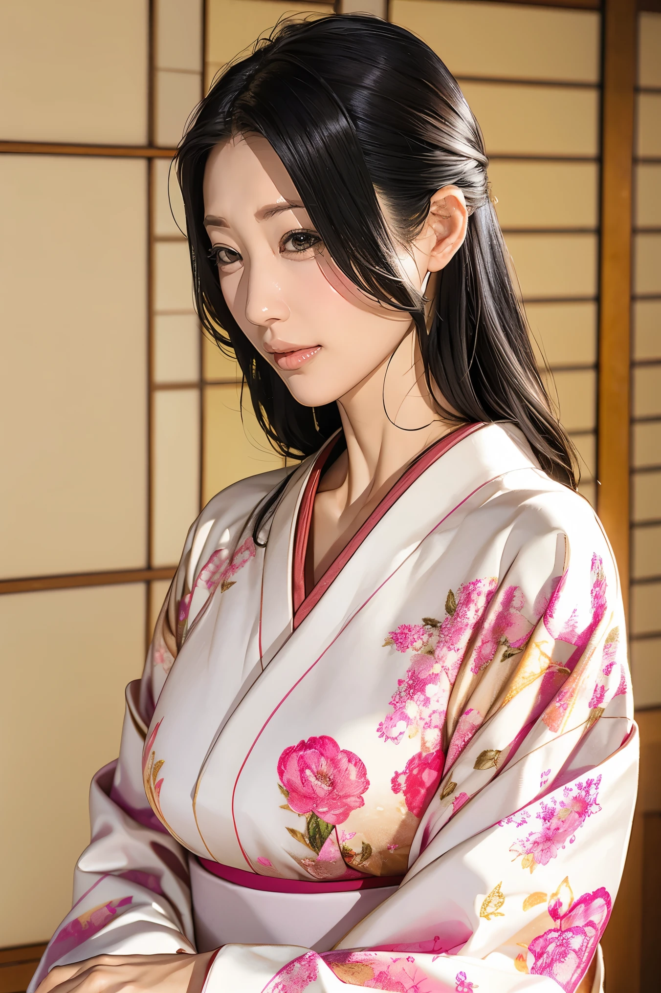 (Highest quality、Tabletop、8K、Best image quality、Award-winning works)、(1 Beautiful Mature Woman:1.1)、(Innkeeper:1.1)、(Elegant floral kimono:1.2)、(A kimono with a perfect and accurate collar:1.2)、Perfect Mature Woman Portrait Photo、Glowing Skin、Standing Elegantly、(Blurred elegant and elaborate perfect Japanese style room background:1.3)、(The most natural and perfect tidy Japanese-style room background:1.2)、Glowing White Skin、Very white skin、(Accentuate your body lines:1.1)、(The most elegant posture:1.2)(Large Breasts:1.2)