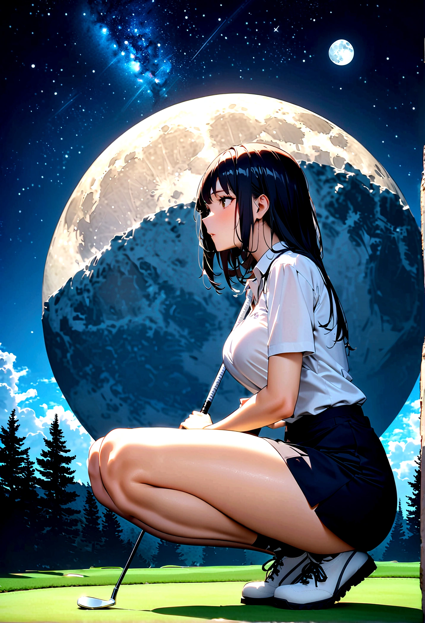 1 woman、매우 긴 검은 머리를 가진 female、가슴이 큰 female、Majestic views、night view、view from the top of the hill、full moon night sky、swirling starry sky、８K、best quality、female&#39;There&#39;s a whole body in the picture、female is wearing a miniskirt and her crotch is visible.、Standing motionless wearing golf wear, looking at the ball、The string is transparent、、with golf club、squat down