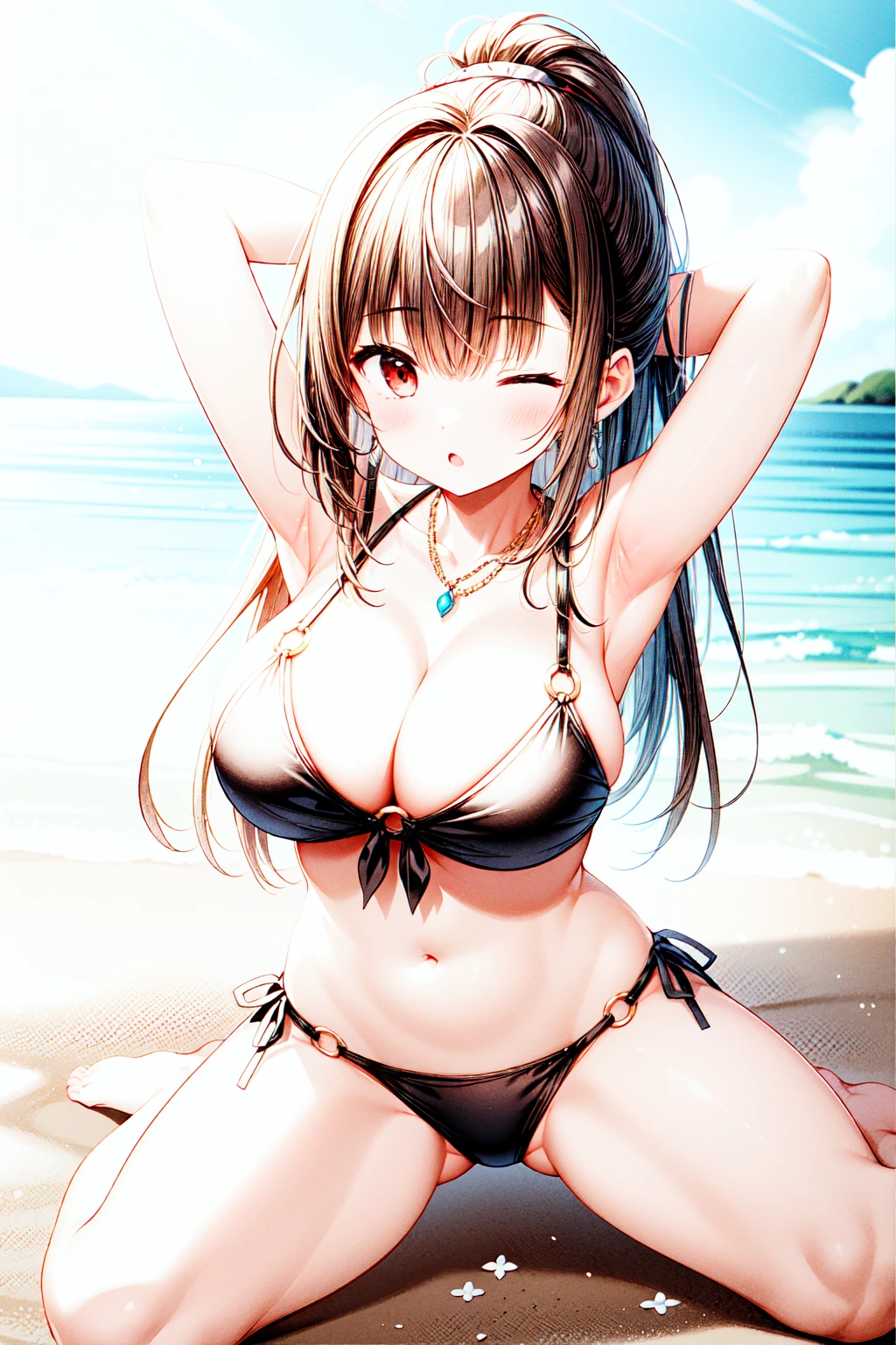 1girl,masterclass,best quality, illustration, solo, hyperbreasts, very large breast, black hair, red eyes, ;o, one eyes closed,bare_shoulders,beach,blue_sky,blush,breasts,breasts_apart,cloud,front-tie_bikini_top,front-tie_top,full_body,long_hair,ponytail,looking_to_the_side,navel,necklace,o-ring,o-ring_bikini,ocean,on_ground,outdoors,seiza,sitting,spread legs,sky,stomach,sunlight,swimsuit,arm up, arm behind head, armpits