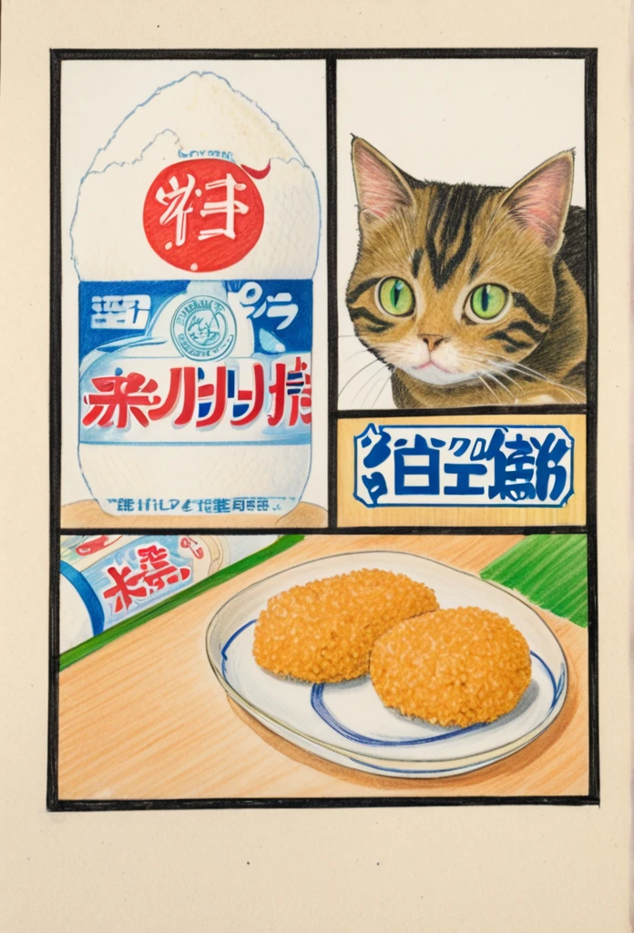 Cat holding rice ball 、art，advertisement，Colored pencil drawing，draft ，Comic Collage