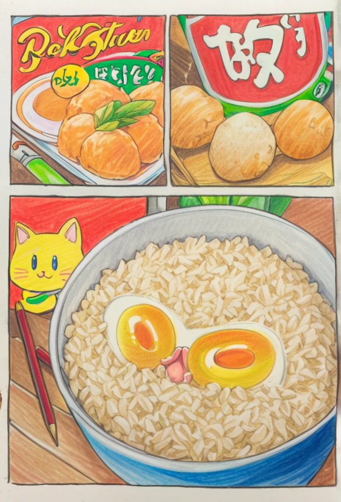Cat holding rice ball 、art，advertisement，Colored pencil drawing，draft ，Comic Collage