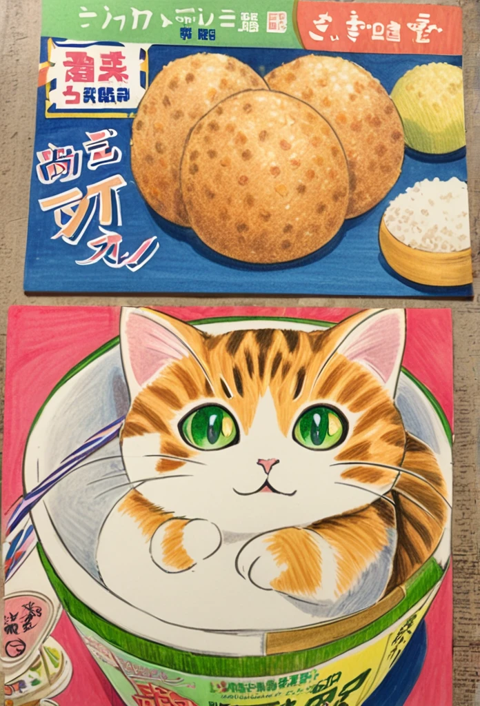 Cat holding rice ball 、art，advertisement，Colored pencil drawing，draft ，Comic Collage