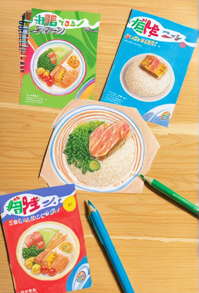 Cat holding rice ball 、art，advertisement，Colored pencil drawing，draft ，Comic Collage